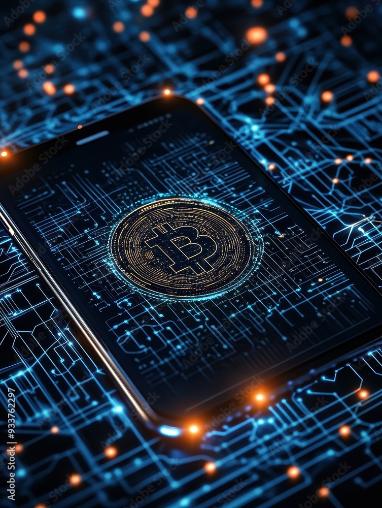 Poster futuristic digital cryptocurrency concept, featuring bitcoin symbol on a smartphone, connected to a 