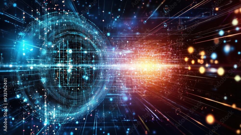 Poster futuristic digital technology background with abstract data flow and glowing particles. perfect for 