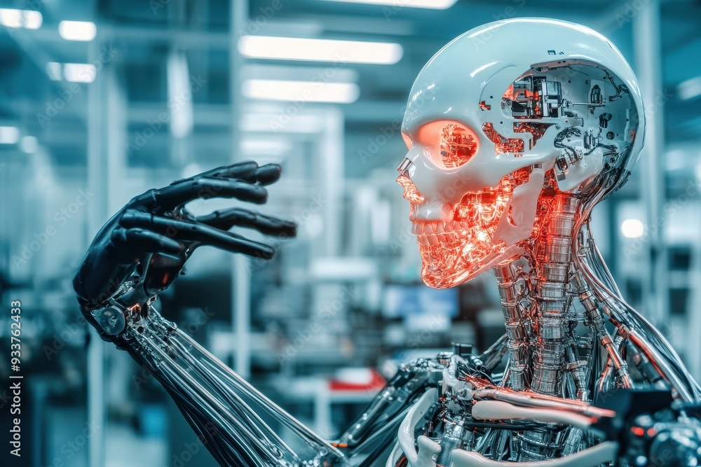 Leinwandbilder Futuristic humanoid robot with exposed internal mechanisms in a high-tech laboratory, illustrating advanced AI and robotics technologies.