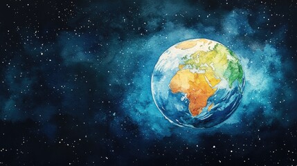 Stylized watercolor depiction of the planet Earth hand drawn artwork