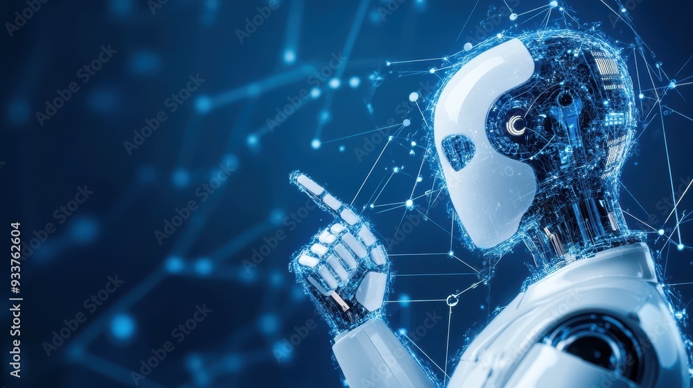 Poster futuristic robot with advanced artificial intelligence in a digital network, depicting innovation an