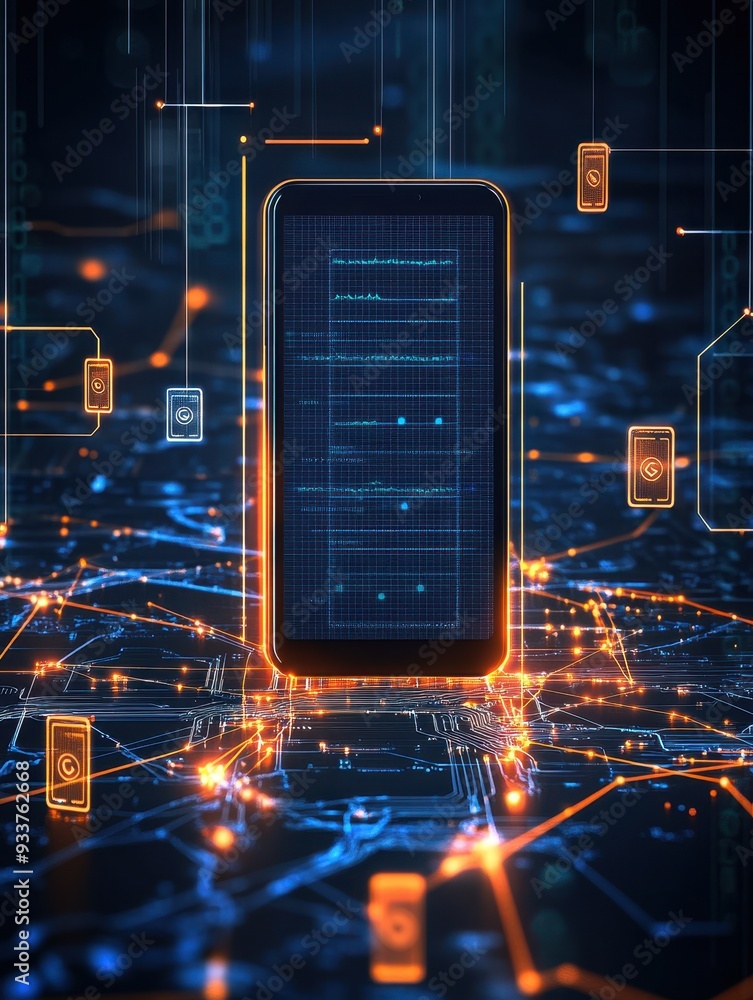 Poster futuristic smartphone concept with glowing circuits and digital connections, representing advanced t