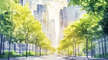 Obraz premium Eco-conscious urban environment with green skyscrapers and tree-lined avenues, watercolor painting, warm light and soft shadows