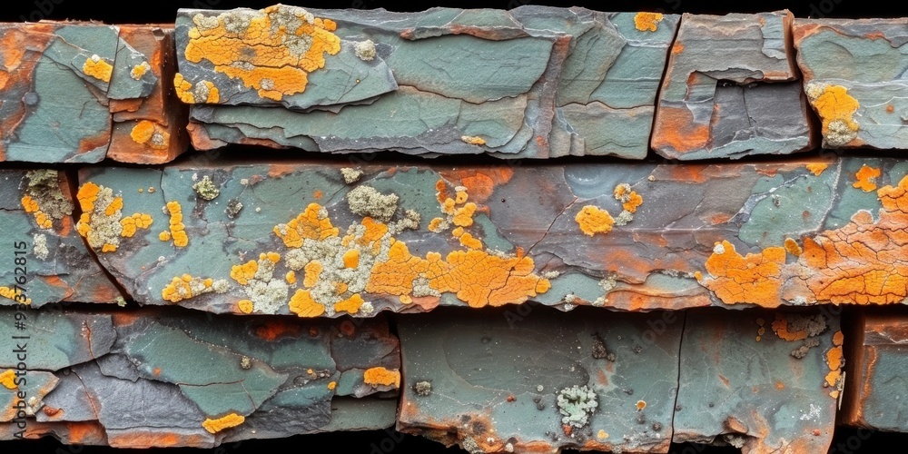 Poster orange lichen grows in clusters on layered rock, creating a colorful and textured surface