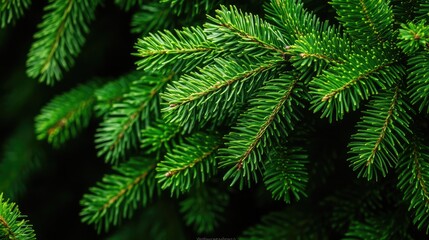 Lush green pine branches with small leaves create a festive atmosphere against a dark background, perfect for holiday greetings or a nature-inspired design
