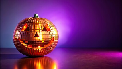 Shiny orange disco ball jack o lantern on a purple background for Halloween Low Angle, illuminated, spooky, halloween decor, celebration, party, fun, reflection, background, color