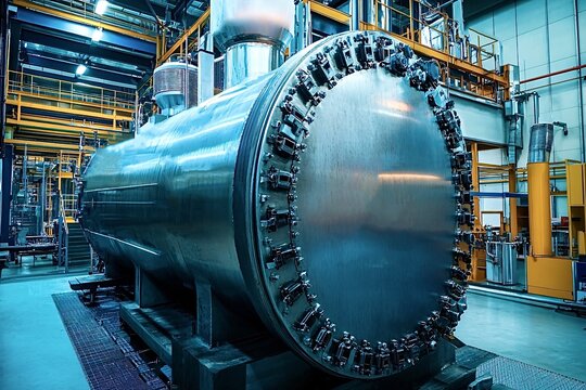 Large industrial autoclave machine standing in sterile room at a manufacturing plant