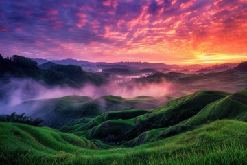 A vibrant scene of a sunset and sunrise over majestic mountains with colorful skies, fog, and hills blending into the valley below