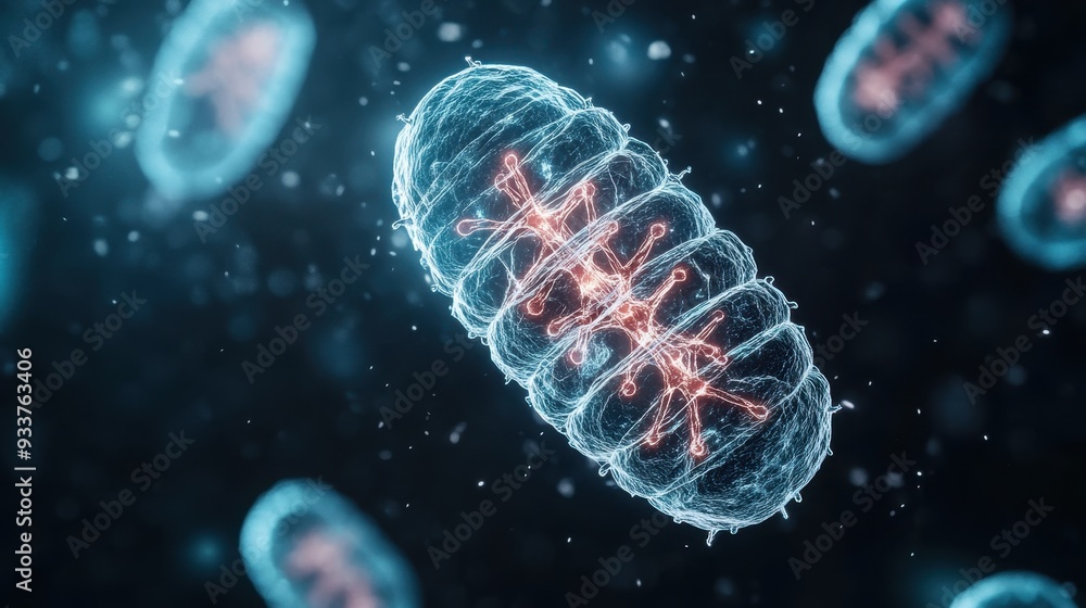 Poster high-resolution 3d illustration of mitochondria with a glowing inner structure in a dark background,