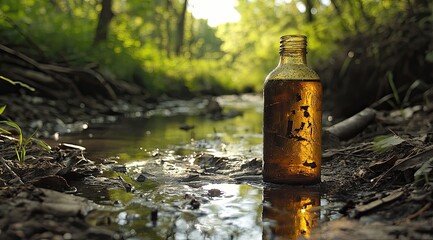 This image depicts an old, filled bottle standing in a shallow stream within a forest. The surrounding environment is lush with greenery, but the bottle containing polluted water