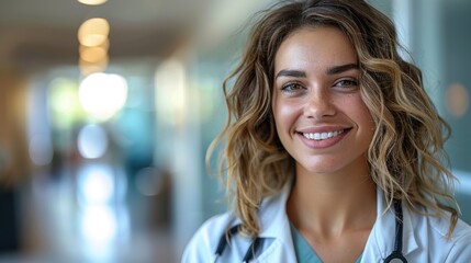 Obraz premium A confident and approachable young female doctor with curly hair and a stethoscope around her neck smiles warmly in a brightly lit hospital corridor