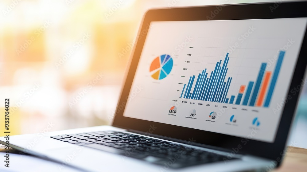 Aufkleber laptop displaying colorful graphs and pie chart on screen, representing data analysis and business g