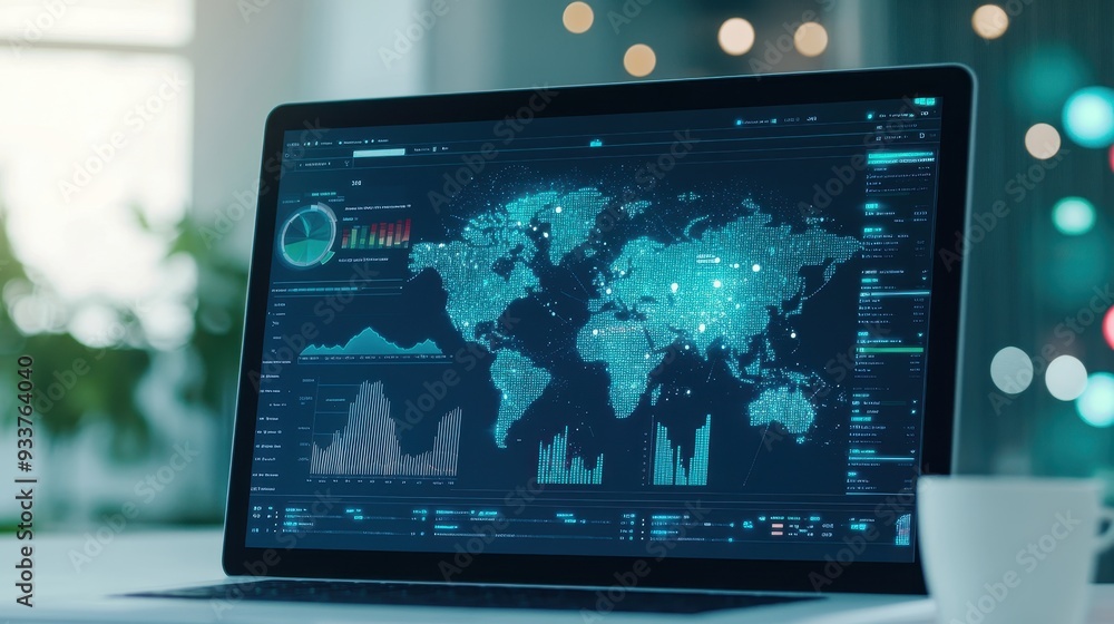 Aufkleber Laptop displaying world map and data charts, depicting global connections and analytics in a modern workplace setting.