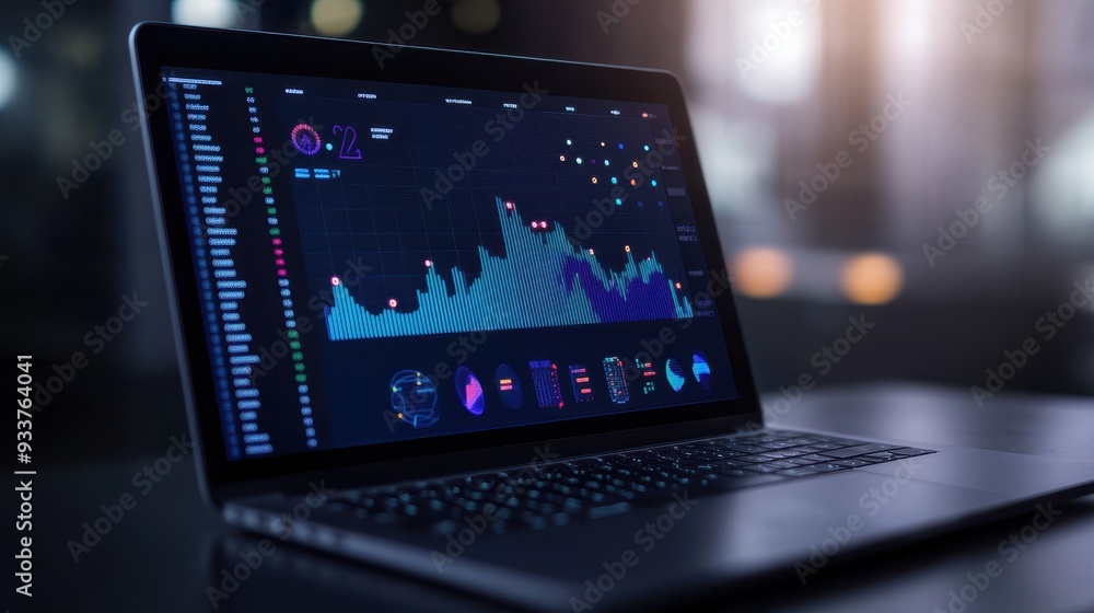 Leinwandbilder laptop displaying data analytics and stock market graphs; showcasing modern technology and business 