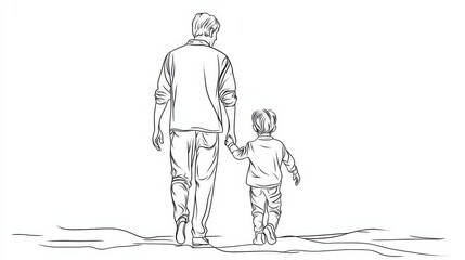 Obraz premium One Line Drawing of Father and son / kid Holding Hands, Clean and Bold Outlines for Coloring Pages or Clipart in Minimalist Style