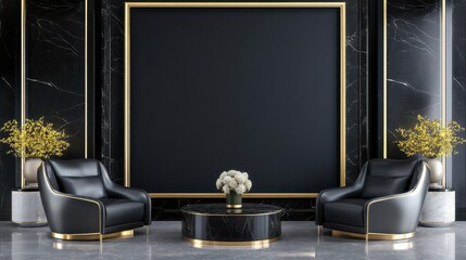 Luxurious black and gold modern living room interior with elegant armchairs, a round coffee table, and a large blank frame on the wall.