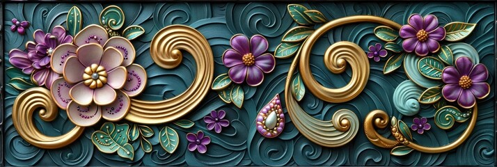 Close-up floral details in purple, pink, green, on teal