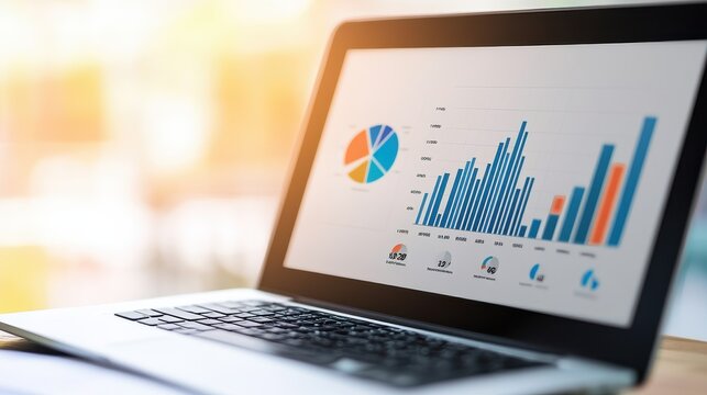 Laptop displaying colorful graphs and pie chart on screen, representing data analysis and business growth in a modern workspace.