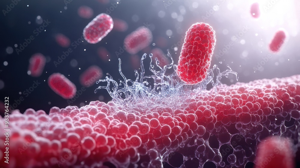 Poster microbial cells under a microscope. close-up of bacterial cell structures and liquid interactions in