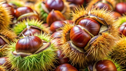 Close-up of fresh chestnuts in their prickly husks , autumn, harvest, seasonal, food, nuts, organic, raw, natural