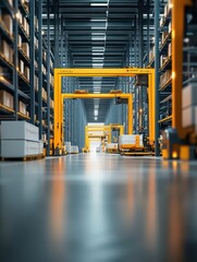 A futuristic cargo port with automated cranes and robotic loaders, industrial, cool tones, 3D rendering, nextgen logistics hub