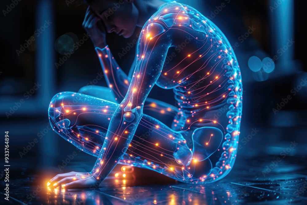 Poster futuristic depiction of a human with illuminated neural connections depicted in a seated position. c