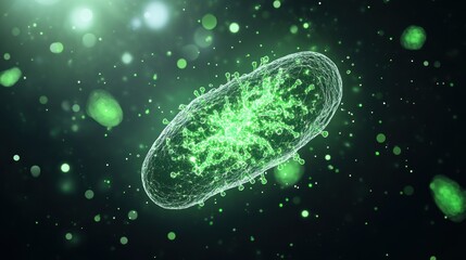 Microscopic view of green bacteria cell in dark background, depicting microorganisms and scientific research.