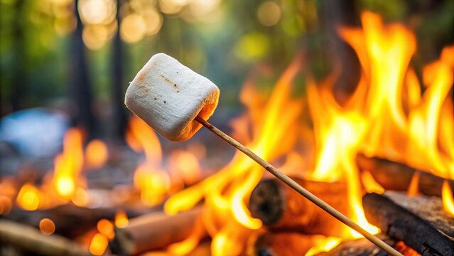 Roasted marshmallow with campfire in the background, dessert, sweet, heat, summertime, symmetrical, flames, cooking, relaxation, caramelized, woodsy, snack, bonfire, campfire, s'mores