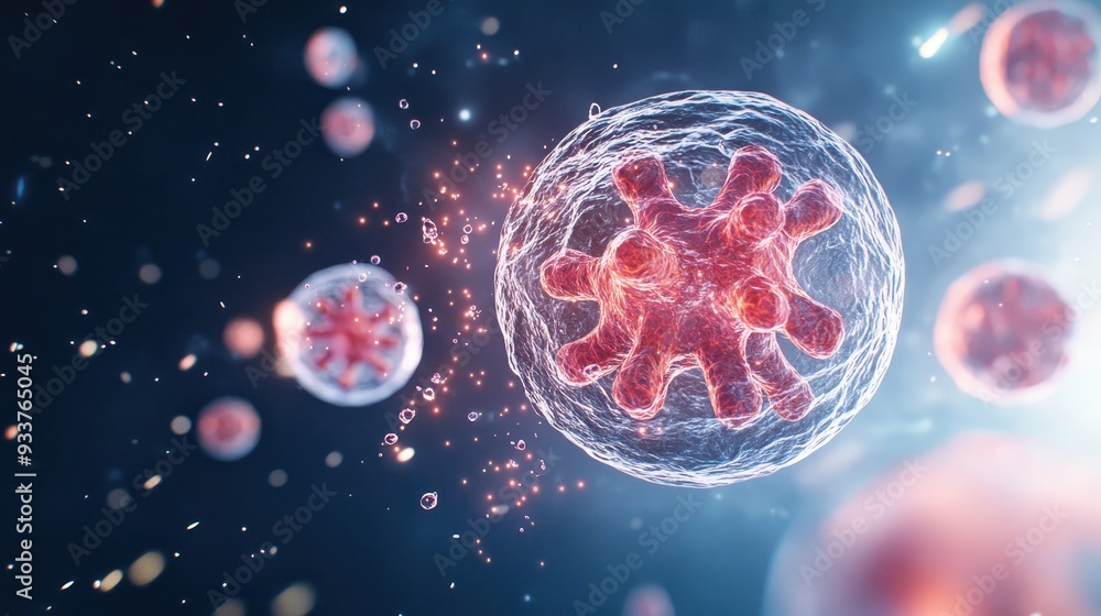 Poster microscopic view of virus cells in blue and red, highlighting the complexity and beauty of biologica
