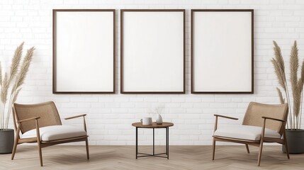 Minimalistic living room with two stylish chairs, a small table, and three blank picture frames on the wall. Modern interior design concept.