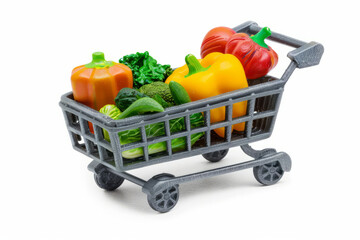 A miniature trolley cart from the supermarket on white background, loaded with lot of different vegetables.