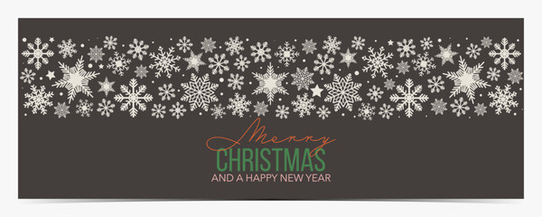 Christmas greetings banner with white snowflakes on dark gray background and colorful text