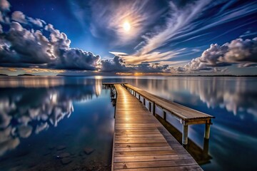 A wooden pier stretching out into the water on a cloudy moonlit night, with its reflection shining...