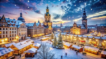 Fototapeta premium Snowflakes gently fall on historic Dresden's festive market, illuminating the twinkling Striezelmarkt stalls and majestic Frauenkirche, capturing the essence of a winter wonderland in December.
