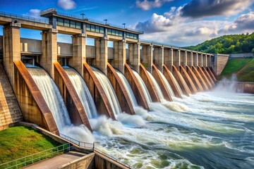 Hydroelectric dam with multiple spillways and water flow at a tilted angle, infrastructure, dam, clean energy., construction, landscape, tilted angle, sustainable, spillways, engineering