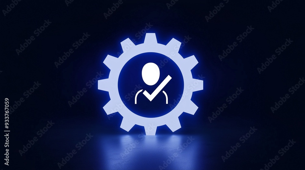 Poster a glowing gear icon with a person and checkmark symbolizing user authentication and system settings.