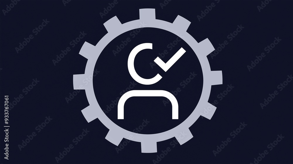 Poster icon of a person inside a gear with a checkmark, symbolizing user verification and system settings.
