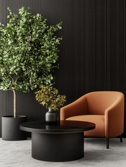 Modern living room interior with black accents, featuring a stylish orange armchair, coffee table, and indoor plants against a dark background.
