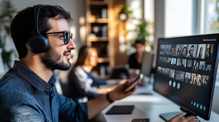 Fototapeta premium A man with a visual impairment uses a Braille display device connected to his smartphone during a video conference call with colleagues. The meeting takes place in a professional office setting, 