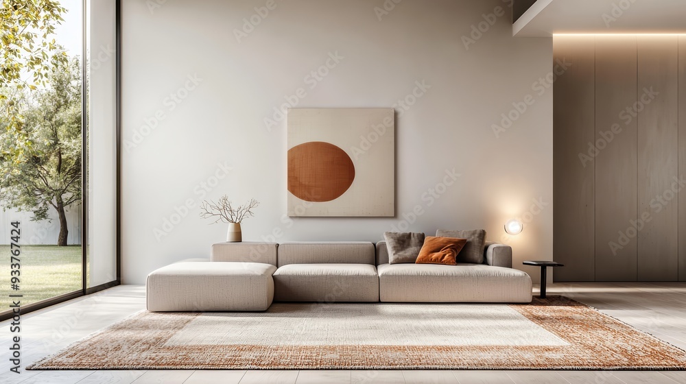 Wall mural Minimalist Living Room Interior Design with Beige Sofa, Rug and Abstract Wall Art.