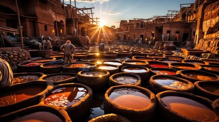 Fez's Chaouwara Tanneries: A Glimpse into Morocco's Rich Heritage, Where Leather is Tanned and Dyed with Medieval Traditions.

