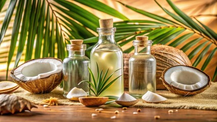 Soft focus background of clear glass bottles filled with pure coconut oil, surrounded by tropical elements like palm fronds and seashells on a warm beige surface.