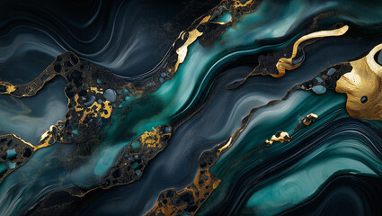 thereal Fluidity: A Symphony of Blue Gemstones and Golden Waves in Abstract Motion