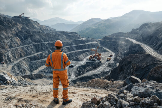 Mining engineer standing at edge of open pit mine observing work