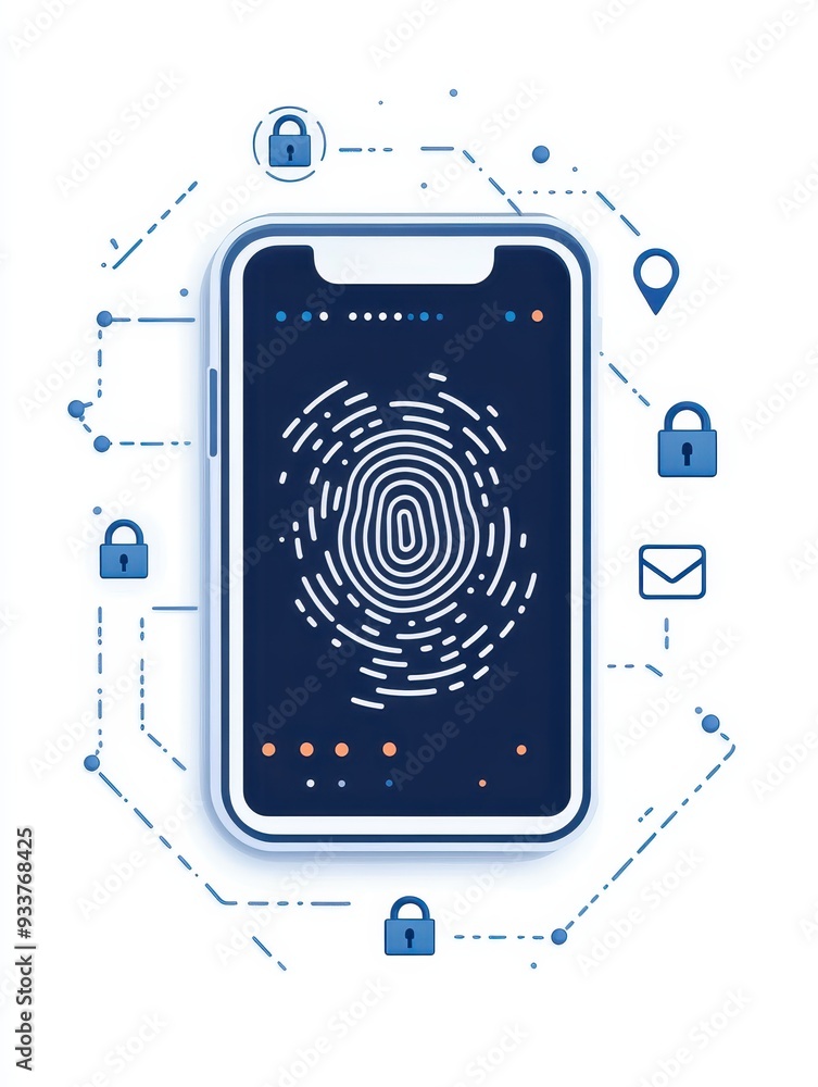 Aufkleber Secure smartphone with fingerprint authentication and security icons. Data protection and mobile technology concept.