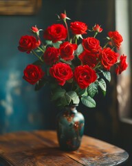 A vase filled with red roses sitting on top of a wooden table