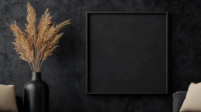 Stylish interior design with a black picture frame, dried pampas in a vase, and dark textured wall. Modern minimalist decor inspiration.