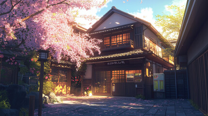 Serene traditional Japanese house with stunning cherry blossoms in full bloom during spring, showcasing the harmony of nature and architecture with ambient lighting.