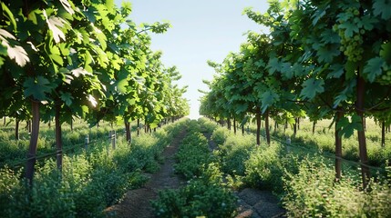 Fototapeta premium Vineyard Path in Sunlight - 3D Illustration
