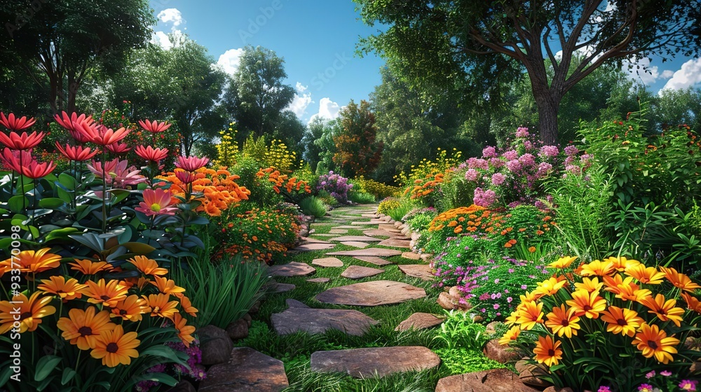 Sticker 3d illustration of a beautiful garden path with flowers and trees